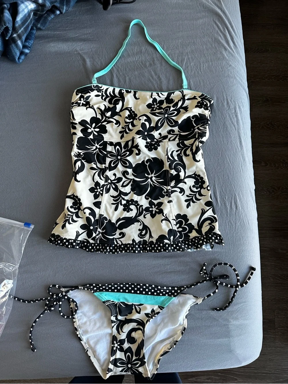 Hula Honey Black & White Floral Bandeau Tankini with Aqua Straps